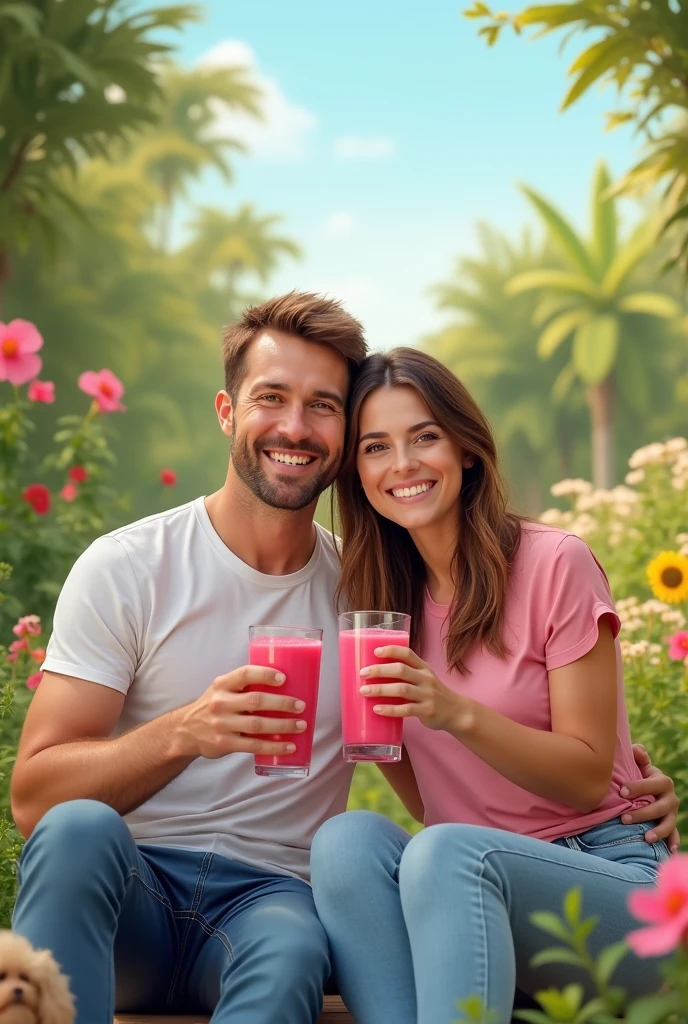 Healthy home and wife couple drinking pink juice in outdoor place