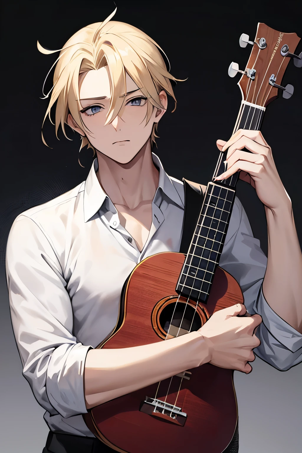 Anime man with blond hair pulled into a messy man-bun, grey eyes, pale skin, and a serious look on his face, holding up a ukulele 
