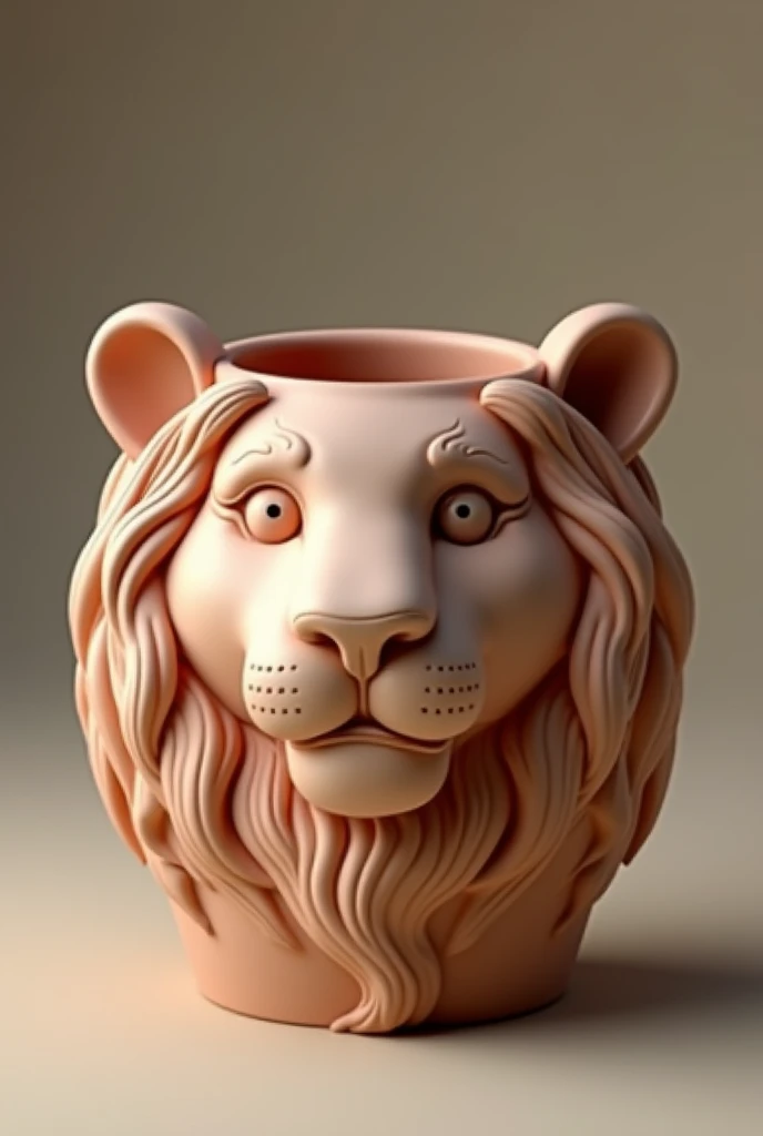 lion 3d clay rendering clay sculpture clay model 3d rendering style 3d art,Make a gentle lion head shaped cup,The cup opens on the lion's head