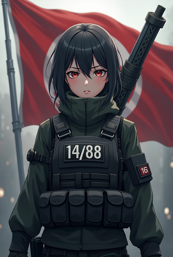 Anime girl militaire avec un patch 14/88 écrit en gros sur son gilet par balle et un drapeau avec une croix celtique derrière