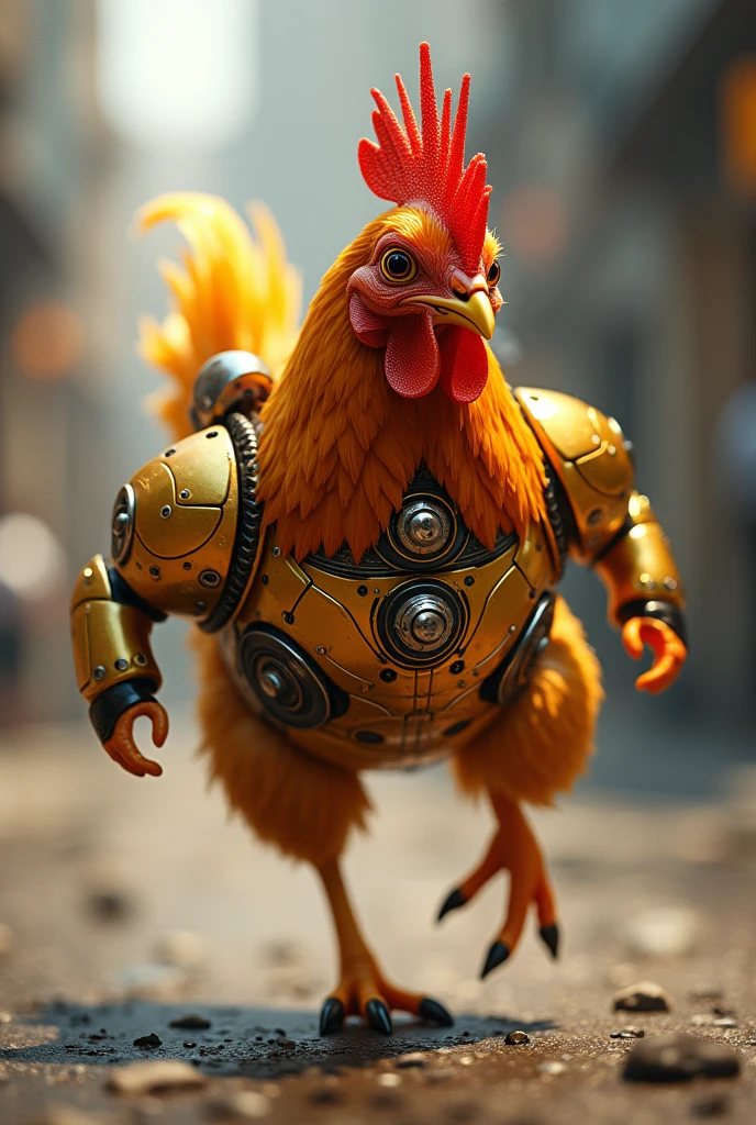 Chicken in gold transformers costume, running very fast  at 