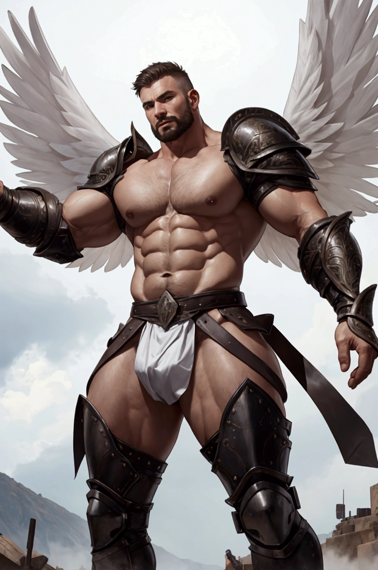 A short-haired, muscular man wearing leather armor with a full frontal view、Highest quality、With arms outstretched on the battlefield、It has large white wings、Pectoralis major、Abdominal muscles、Big macho man