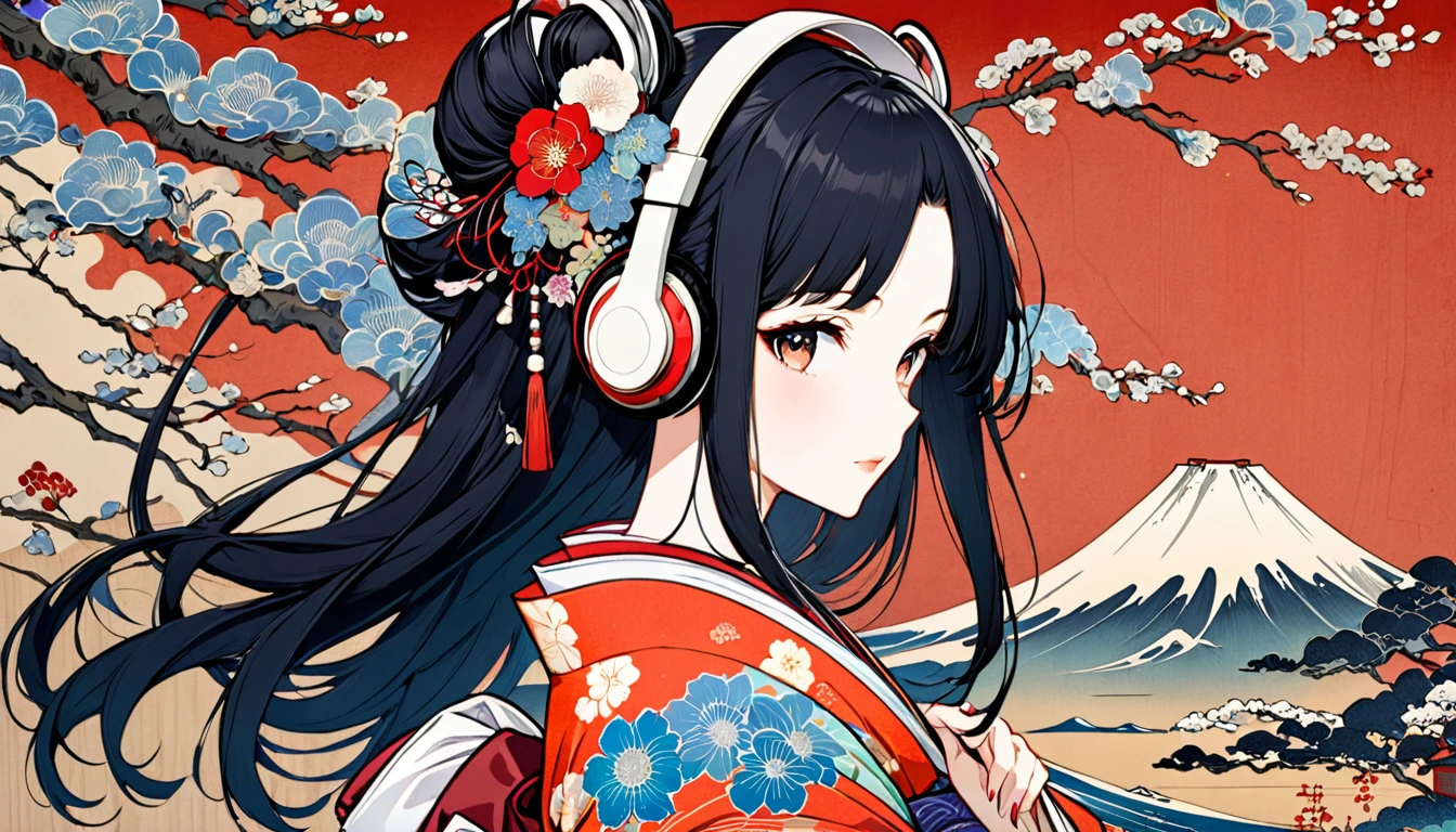 Ukiyo-e, Japanese painting, woodblock print, Beautiful woman, Long black hair, Japanese style headphones, hair ornaments, Wearing a colorful floral kimono, wariza, Background modern ukiyo-e style