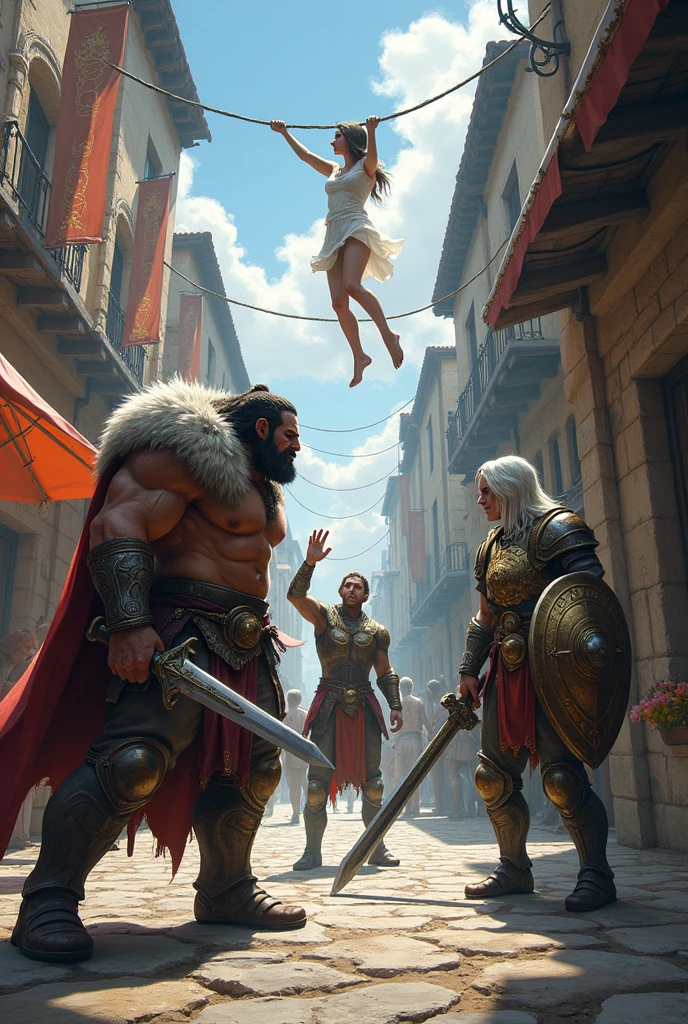 Male half orc barbarian and a male half elf paladin and a a male water genasi cleric and a female dangling in a medieval city marketplace