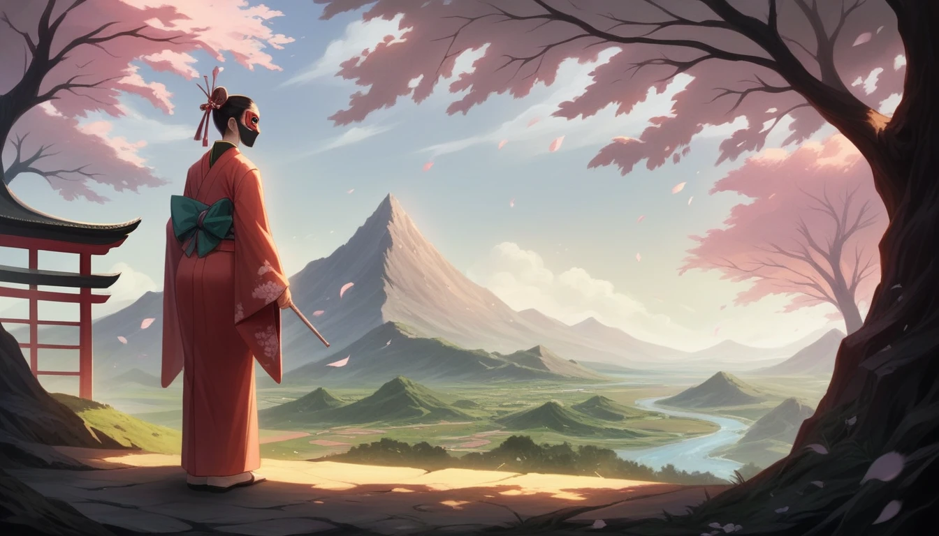 beautiful detailed anime girl,highly detailed samurai warrior,highly detailed ninja,intricate japanese hannya mask,elegant japanese fashion,kimono,landscape with cherry blossoms,beautiful lighting,cinematic composition,ultra-detailed,8k,best quality,photorealistic,digital art,concept art,muted color palette,moody lighting