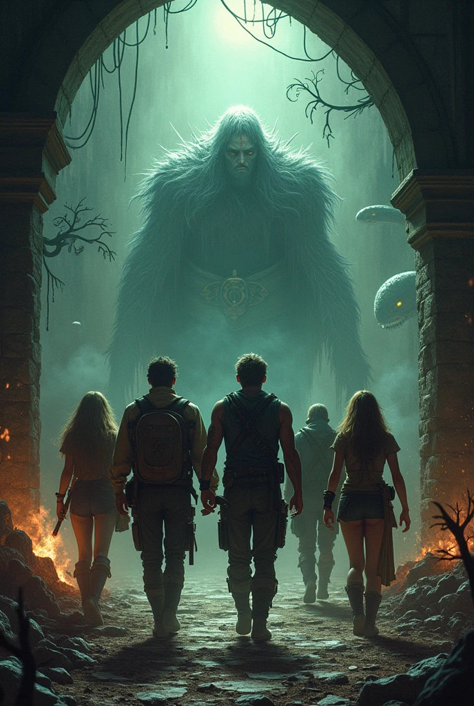 adventurous mixed group of heroes investigating a mystery, (morbid aura), (irony, sarcasm, funny situation), (heavy metal opus), (action-packed film scene), (epic fantasy masterpiece), (detailed faces and bodies), (expression of despair), (macabre mixture of horror and fantasy), (scene from Dungeons & Dragons),