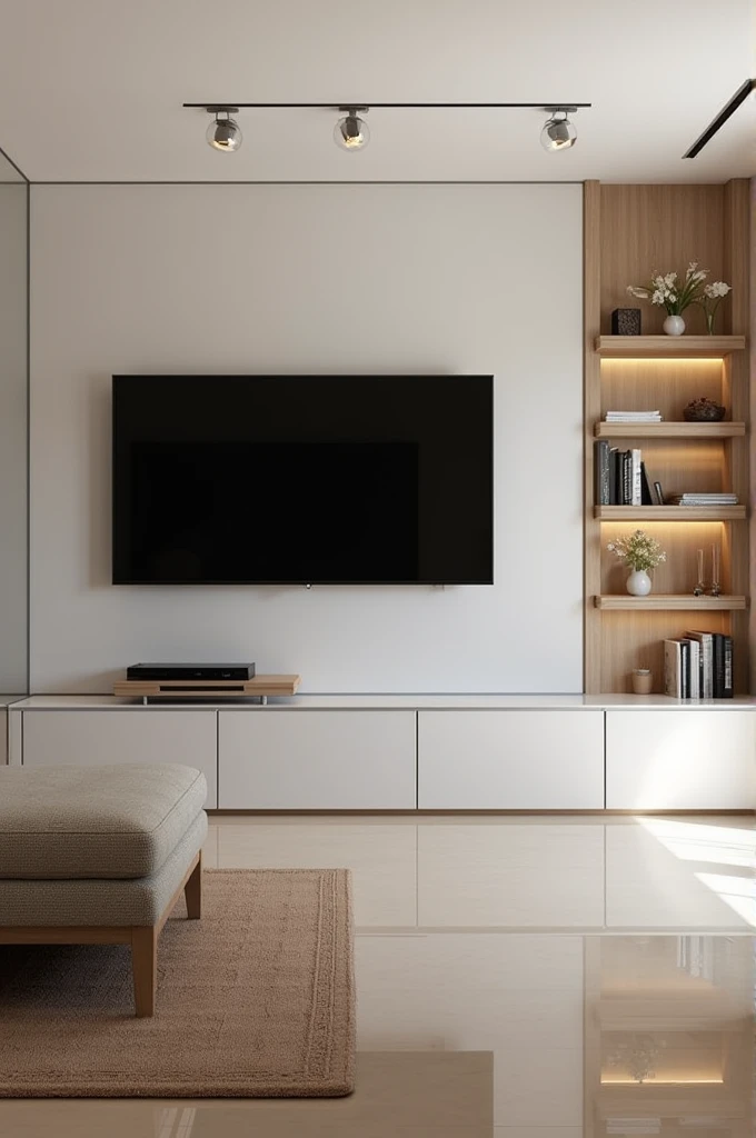 Create a wall in a living room with the TV attached, put shelves on the right and left side as well as under the TV (Shelves must be floating)