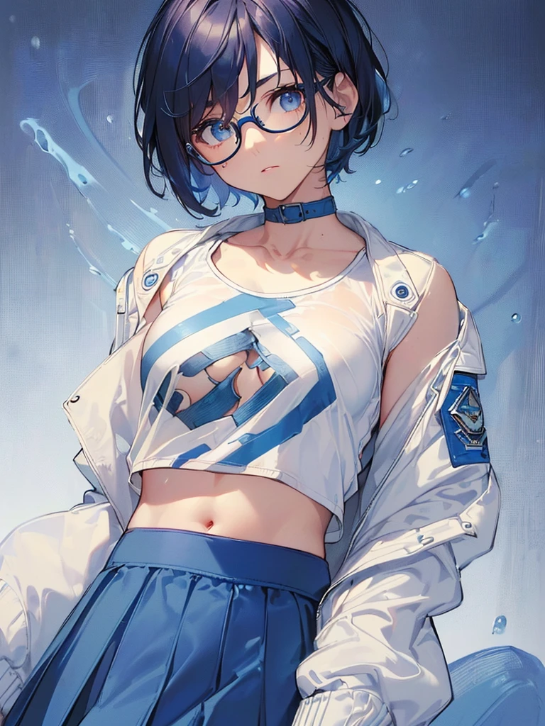 (glasses:1.15),(masterpiece,best quality, high resolution,8k, ultra-detailed:1.3), (detailed face,detailed eyes:1.4),(detailed face in 8K, perfectly sculpted face, beautifully detailed eyes:1.2), (perfectly sculpted body:1.4),(small bust:1.3),(small breast:1.6),(boyish:1.3),thick eyebrow,(blue short hair:1.4),(15yo:1.3),(white jacket:1.3),(blue T-shirt:1.4),(blue skirt:1.3)