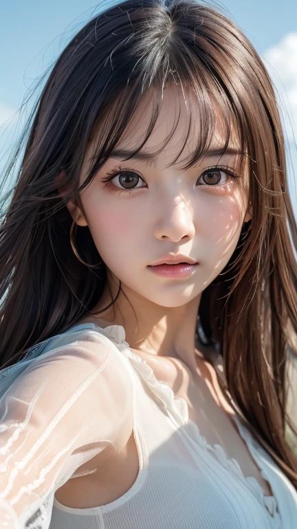 (Perfect Anatomy:1.2)(Absurd, High resolution, Super detailed),masterpiece,Highest quality,High resolution,8k,Realistic Face,Realistic skin texture,Expanded Texture, ,Amazing clarity,high school girl,Cowboy Shot,View the viewer、blush、Angle from below、Background is sky、((Looking down at the ground from above))、Hair blowing in the wind,amount、looking at the camera、sheer
