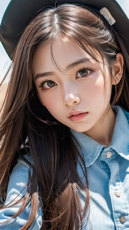 (Perfect Anatomy:1.2)(Absurd, High resolution, Super detailed),masterpiece,Highest quality,High resolution,8k,Realistic Face,Realistic skin texture,Expanded Texture, ,Amazing clarity,high school girl,Cowboy Shot,View the viewer、blush、Angle from below、Background is sky、((Looking down at the ground from above))、Hair blowing in the wind,amount、looking at the camera、sheer