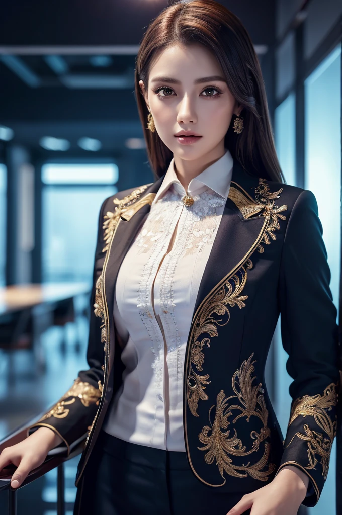a very detailed and realistic CG Unity 8K wallpaper, high quality, extremely detailed, photorealistic, extremely detailed elegant office lady ,full body,suit, intricate details, studio lighting, masterpiece, cinematic lighting, delicate fabric, beautiful eyes, sharp focus, hyper-detailed, vibrant colors