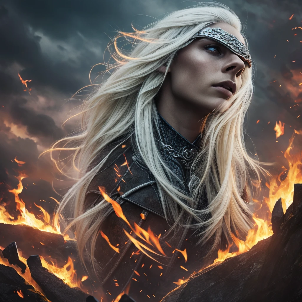 A fierce and determined Aemond Targaryen, with silver-blonde hair flowing in the wind, wearing dark, intricately designed Targaryen armor, his fierce gaze beneath an eye patch, standing in front of a massive dragon with flames surrounding them, the ancient Targaryen sigil subtly woven into his armor, the atmosphere filled with tension and power, a stormy sky above, blending the epic fantasy and historical elements of the Targaryen legacy, rich in detail and dark, brooding tones, capturing the essence of Westeros's most fearsome dragon rider.