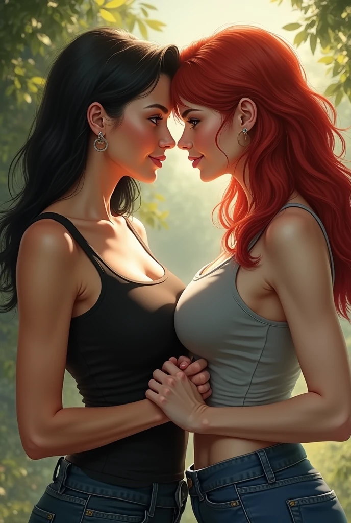 2women, hug from behind. (woman1: melting pleasure, dazed, orgasm, standing, front view, naked). (woman2: behind woman1, stroking woman1's head, calm, amused).