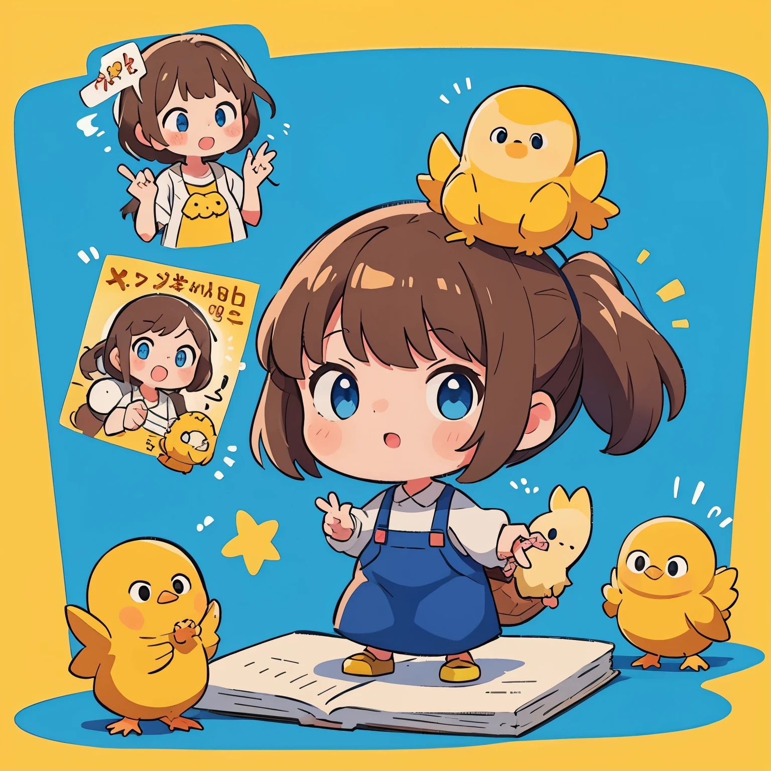 A brown-haired girl with blue eyes and a yellow chick making different facial expressions.