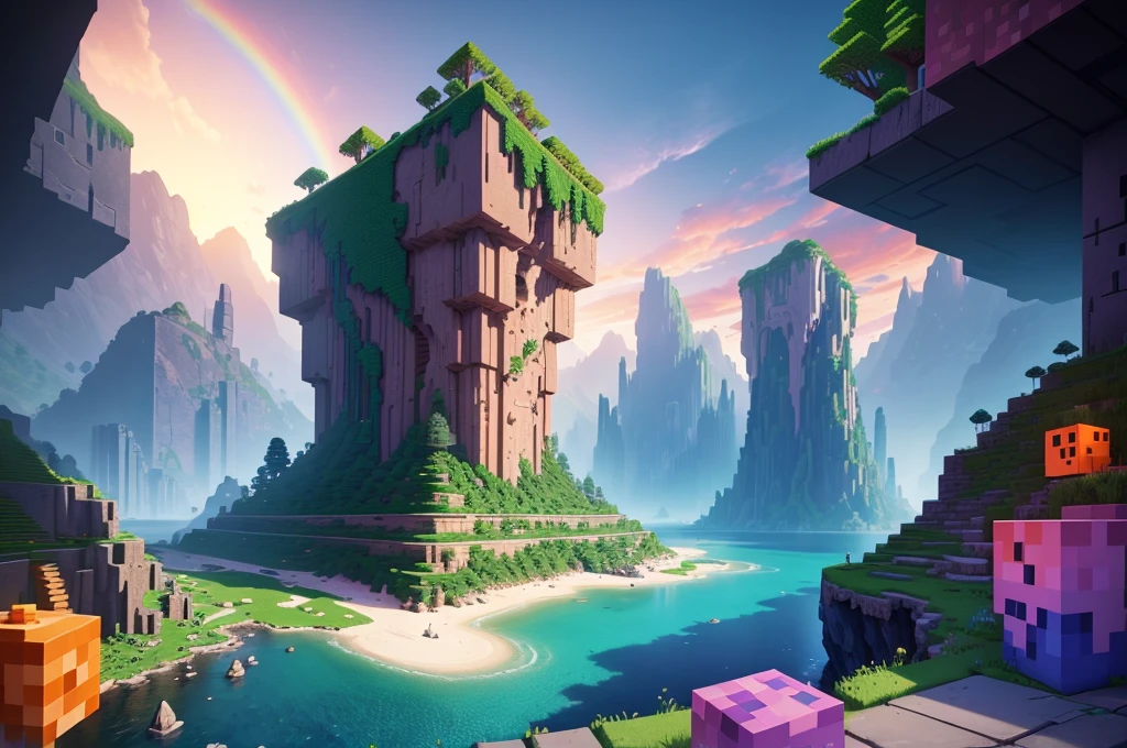 best quality,ultra-detailed,realistic,minecraft scene,blocky characters,cuboid shapes,colorful landscape,dynamic lighting,fantastic creatures,mining and crafting,adventure,exploration,vibrant colors,depth-of-field effect,breathtaking view,block-building game,endless possibilities,open world,immersive experience,building structures,redstone engineering,magical potions,combat with monsters,treasure hunting,rainbow block,underwater exploration,giant trees,towering mountains,player's inventory,caves and caverns,biomes and landscapes,peaceful sunset,survival mode,creative mode,gameplay experience,dynamic weather,emergent gameplay,8-bit sound effects