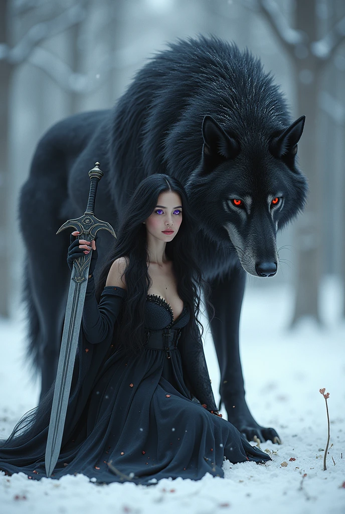 (photorealism:1.2), a beautiful woman with long black wavy hair and a purple eyes. She's kneeling with her mystical sword, she's wearing a black gown because she's the queen of mystical beasts. And one giant big mystical wolf behind her. And the eyes of the wolf is red. Make it dark fantasy, and accurate for a novel book cover. And it's snowing.
