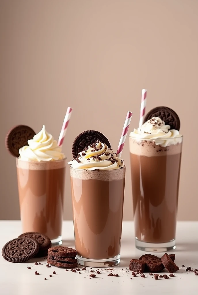 Create a chocolate milkshake menu of some top plastic transparent cups 