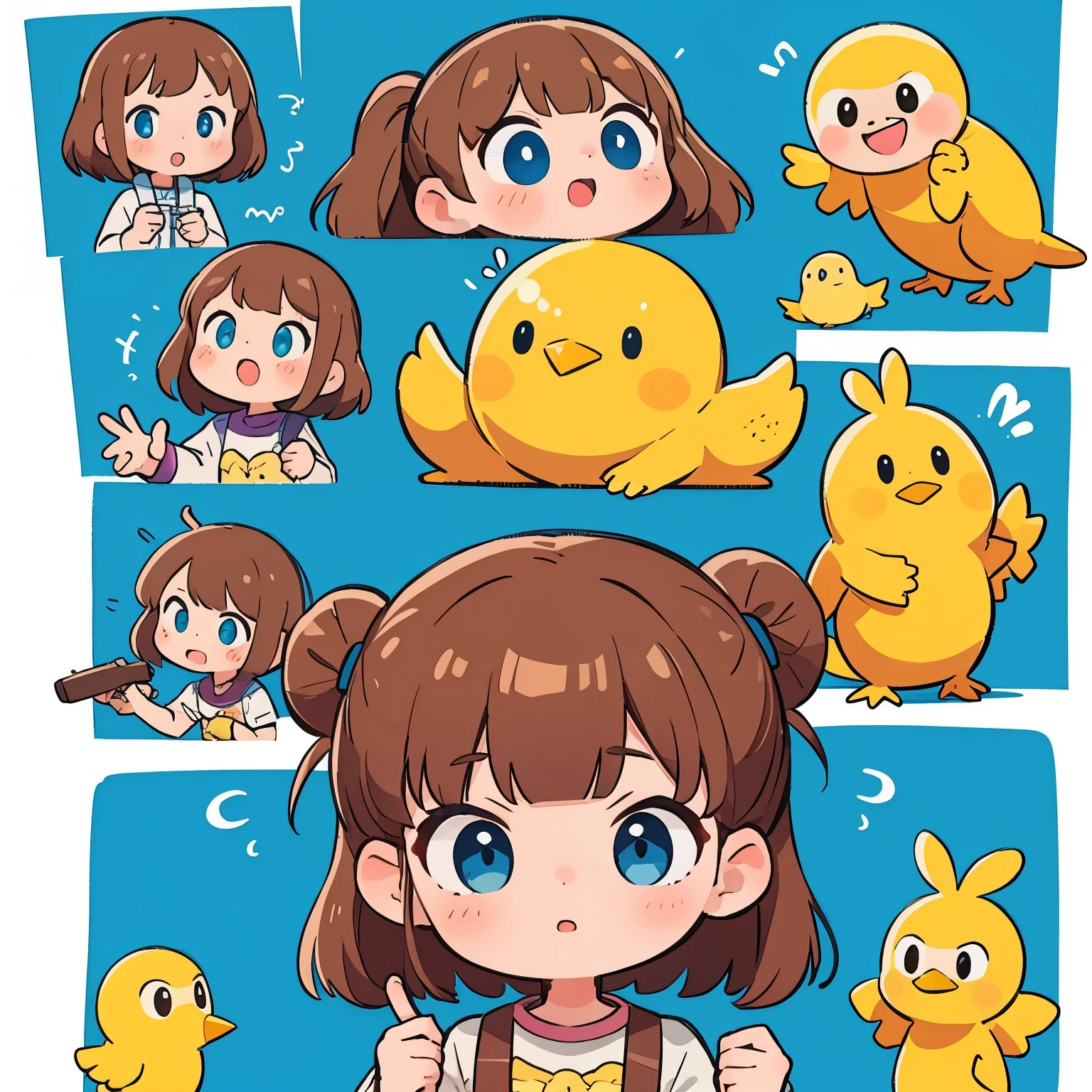 A brown-haired girl with blue eyes and a yellow chick making different facial expressions.