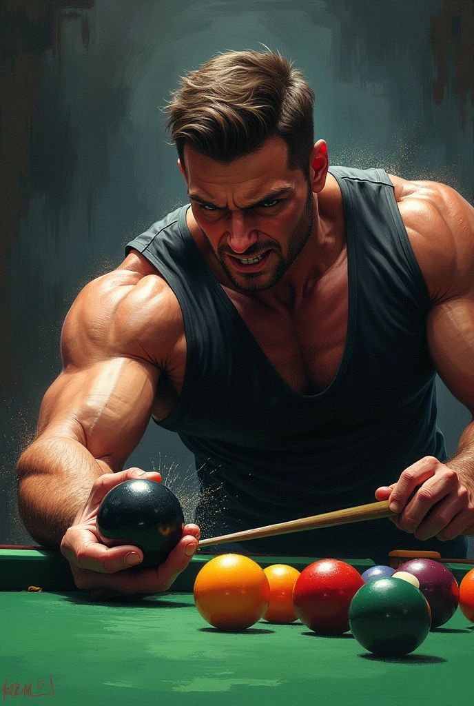 produce a drawing-like image of a strong man, he has his hand closed around a black number 8 snooker ball, trying hard to crush it. The expression on his face is one of concentration and determination, and you can see the ball deforming under the pressure of your hand. Ao fundo, there is a pool table, with other balls in pink position, roxa, orange, blue and green , creating an interesting contrast between the strength of the man and the fragility of the ball