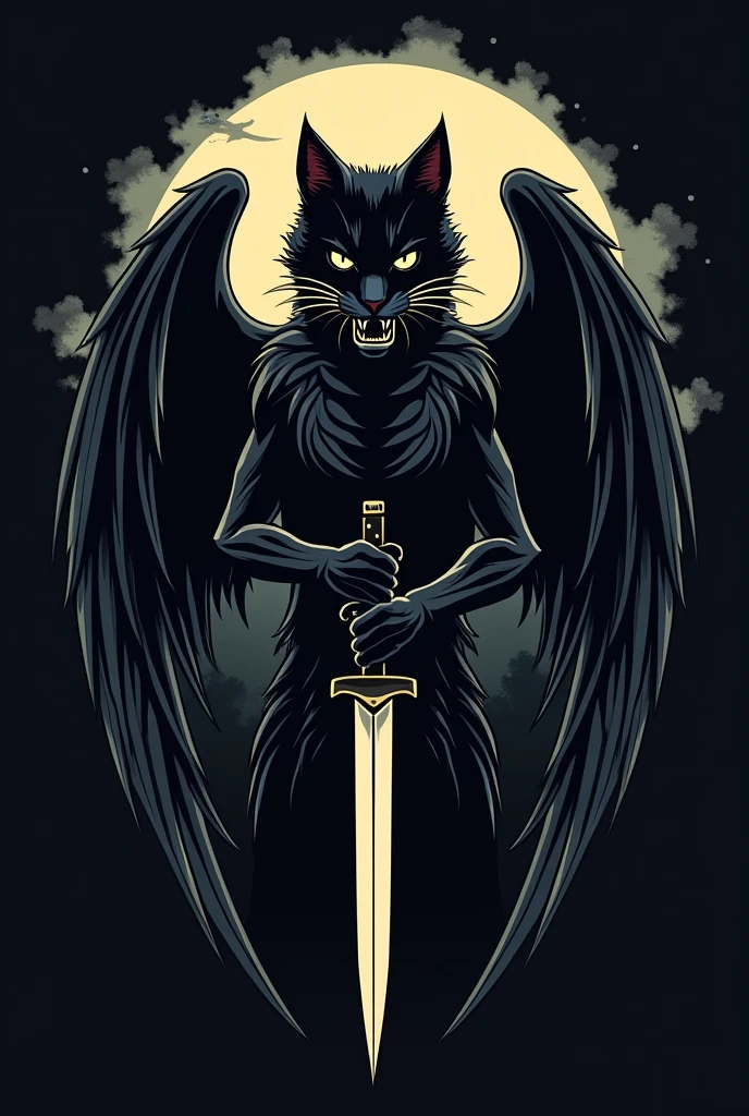 An emblem tipe, with a black cat, and a Black dog, holding a Knife in their mouth, 