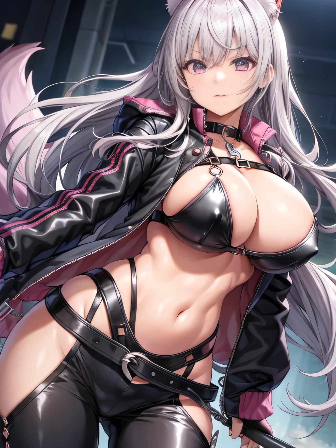 Pink Hair、woman、Pink Eyes、Cute Face、Masseter muscle area、Ruffled black jacket、There are a lot of belts、Silver Chain、Cool clothes、sticking out the navel、Look at this、length、Side Tail、Big 、show off nippl