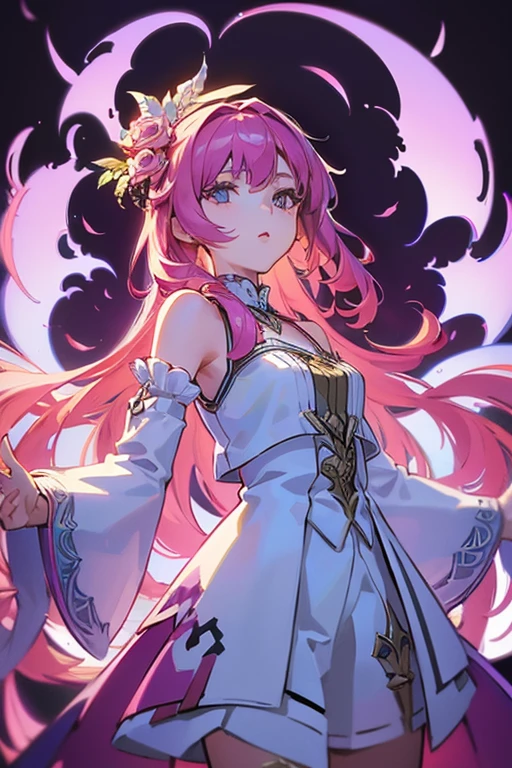 (masterpiece:1.2), Best Quality, (illustration:1.2), (ultra detailed), hyper details, (delicate detailed), (intricate details), (cinematic light, Best Quality Backlights), Delete line, soloist, perfect body, (1 girl), stylized artwork, purple and pink theme, girl, Purple long hair, white empty eyes, pink top, pink roses, see through skeleton overlay, foliage, leaves, Watercolor splash, (make up), high contrast, (better lighting, an extremely created and beautiful), (cinematic light), showy,
