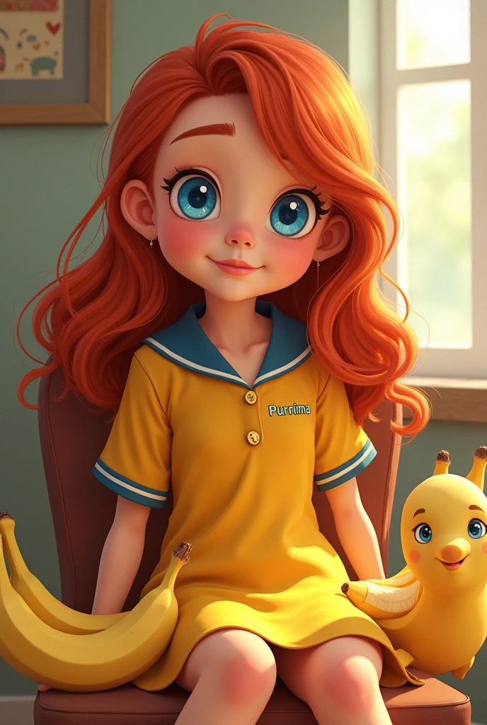  Five years A baby  girl siting on chair with long red hair with two poney with bright blue eyes on long yellow school Unform with the name purnima on her dress having banana which is peal and bunch of banana side to her