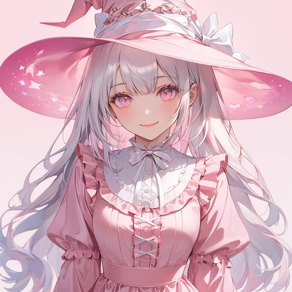 (transparent pink theme art),(top-quality),(masterpiece),(medium shot:1.5),((arms behind side)),Silky to the touch,Hyper Detail,(1 girl),(solo),Delicately drawn face,girl with a pretty face,beautiful detailed transparent pink eyes,beautiful detailed pink witch hat with white ribbon ornament,beautiful detailed pastel pink ****ta witch fashions with ruffles,((pastel pink skirt with ruffles)),((Long sleeve white and pink costume)),(Beautiful silky white hair:1.3),pale skin,a beautiful transparent illustration,pastel pink theme,beautiful smile,frontal face,soft gradient,((standing in front of pastel pink glass art wall)),(((pastel pink background)))