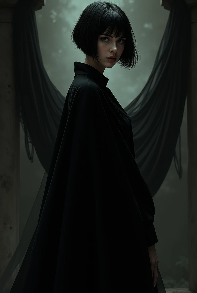 A tall woman,slim,curtain,Short straight hair,very dark style