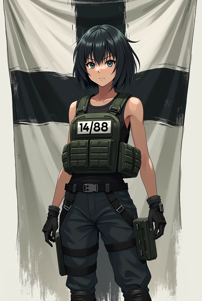 Anime girl militaire avec un patch 14/88 écrit en gros sur son gilet par balle et un drapeau avec une croix celtique noir et blanche derrière 