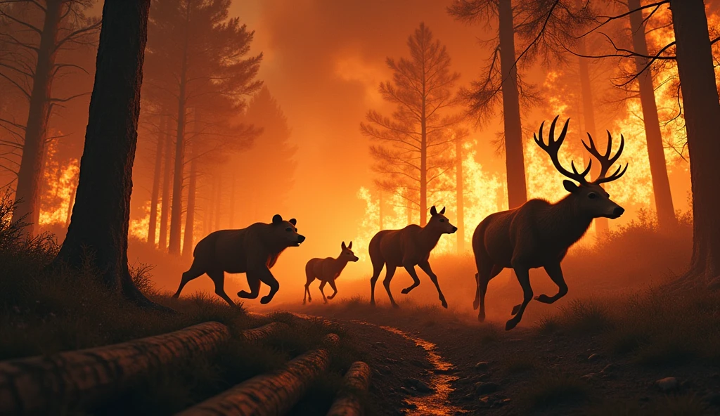 Animals escape from burning forest
