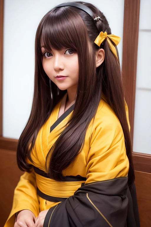 (Masterpice: 1.1), ((very detailed face)), ((very detailed eyes and face)), beautiful detail eyes, body parts__, super detailed, (best quality: 1.1), super fine photo, (realistic, photorealustic : 1.2), full body portrait, 1girl, solo, girl, young girl, big breasts, looking_at_viewer, blush, smile, short_hair, open_mouth, bangs, brown_hair, black_hair, hair_ornament, bow, yellow_eyes, :d, hair bow, hairband, japanese_clothes, indoors, blunt_bangs, kimono, sash, window, obi, wooden_floor, red_hairband, black_kimono, pale_skin, realistic skin details, natural lightning, clear focus, 16k