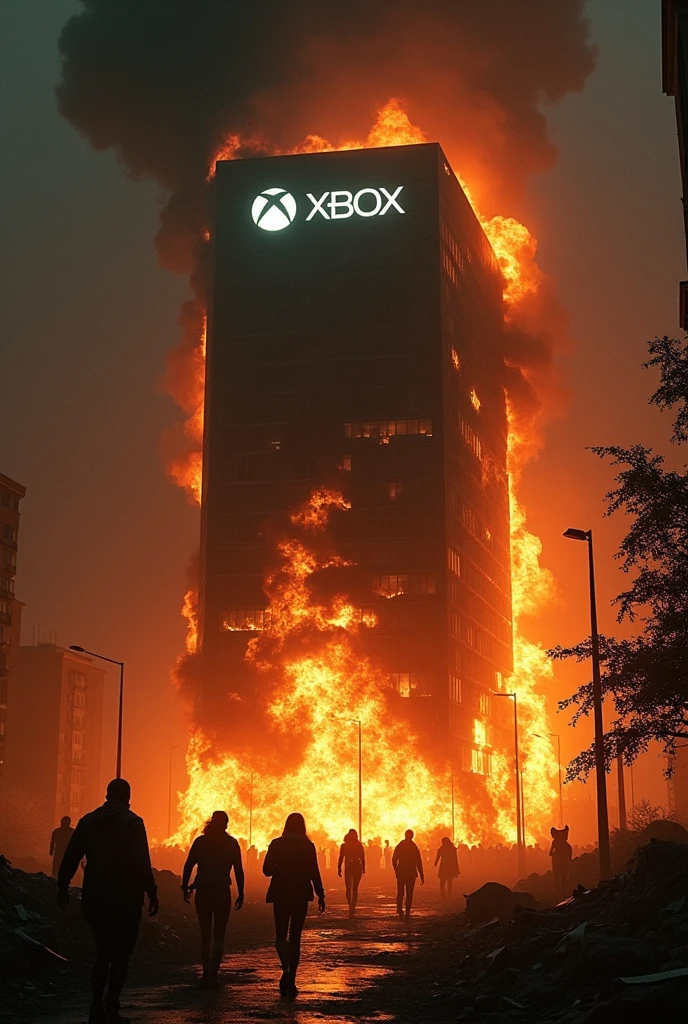 Image of Xbox headquarters on fire. Doom and gloom atmosphere