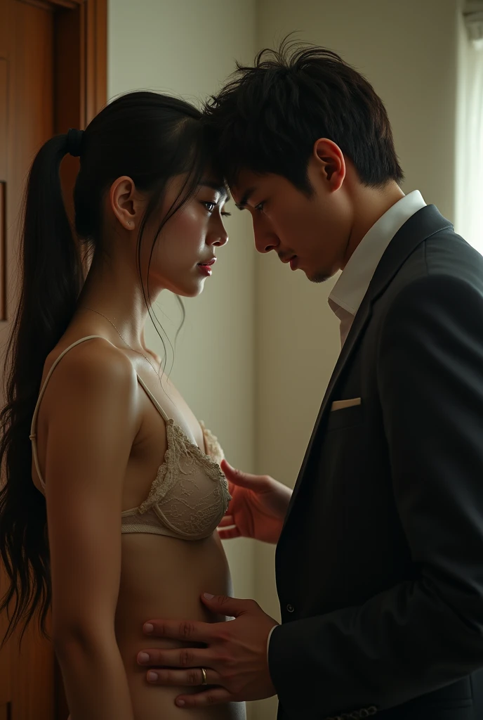 2 people, A Japanese woman and a company employee. , Beautiful and young々funny Face, 小さなブラジャーからこぼれ落ちるLarge Breasts, She wears a white lace bra and panties。.。Lace trim, Focus on the low cut of her panties , Wet crotch, Camel Toe , Toned Abs, Round ass, Thick thighs, 悲funny Face, Worried face, Look at the floor, Real Girl, Actual Photos, 8k.. An angry Caucasian male office worker is wearing a suit,(((((Touching the chest or groin area..)))))、 Touching the body.、Body and breast examination, (Large Breasts)