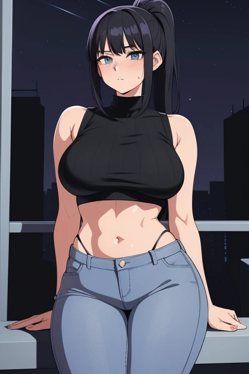 20 year old woman, busty, bubble butt, hourglass figure, skinny, blushing, panicked expression, horny, seductive, black hair, long hair, bangs, ponytail hair, wearing wearing pink sweater, pink ribbed sweater, pink turtle neck sweater, jeans, choker, sneakers, tight fitting clothing, cleavage, middrift, anime, city at night, outside, punk, punk style, punk hair, doujin style, manga, flat colours, 2d manga, mecha, futuristic tech, straps, zips, buckles, bare arms, cropped sweater, sleeveless sweater, boob window, high straped panties