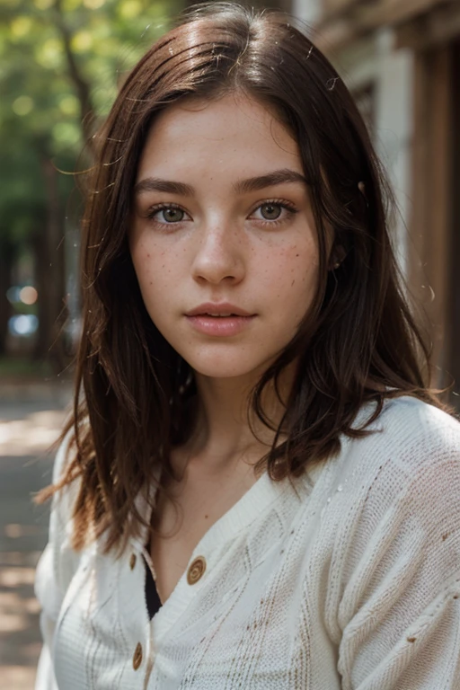 front face of a young Caucasian woman with some freckles on her cheeks, black hair at the roots and brown at the ends, with hazel-colored almond-shaped eyes
