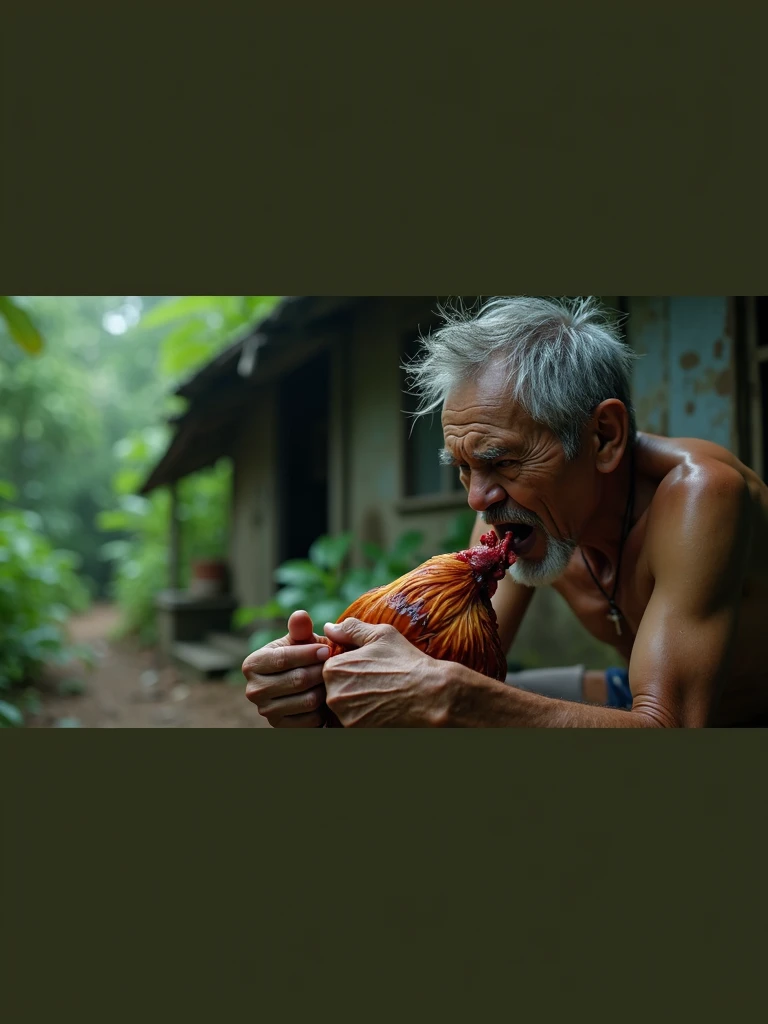 An Thai older man is sitting eat the chicken in the man's mouth is blood and his hair is messy. He’s Sitting next to an old house inside the forest. view from another man from behind him. 8k  