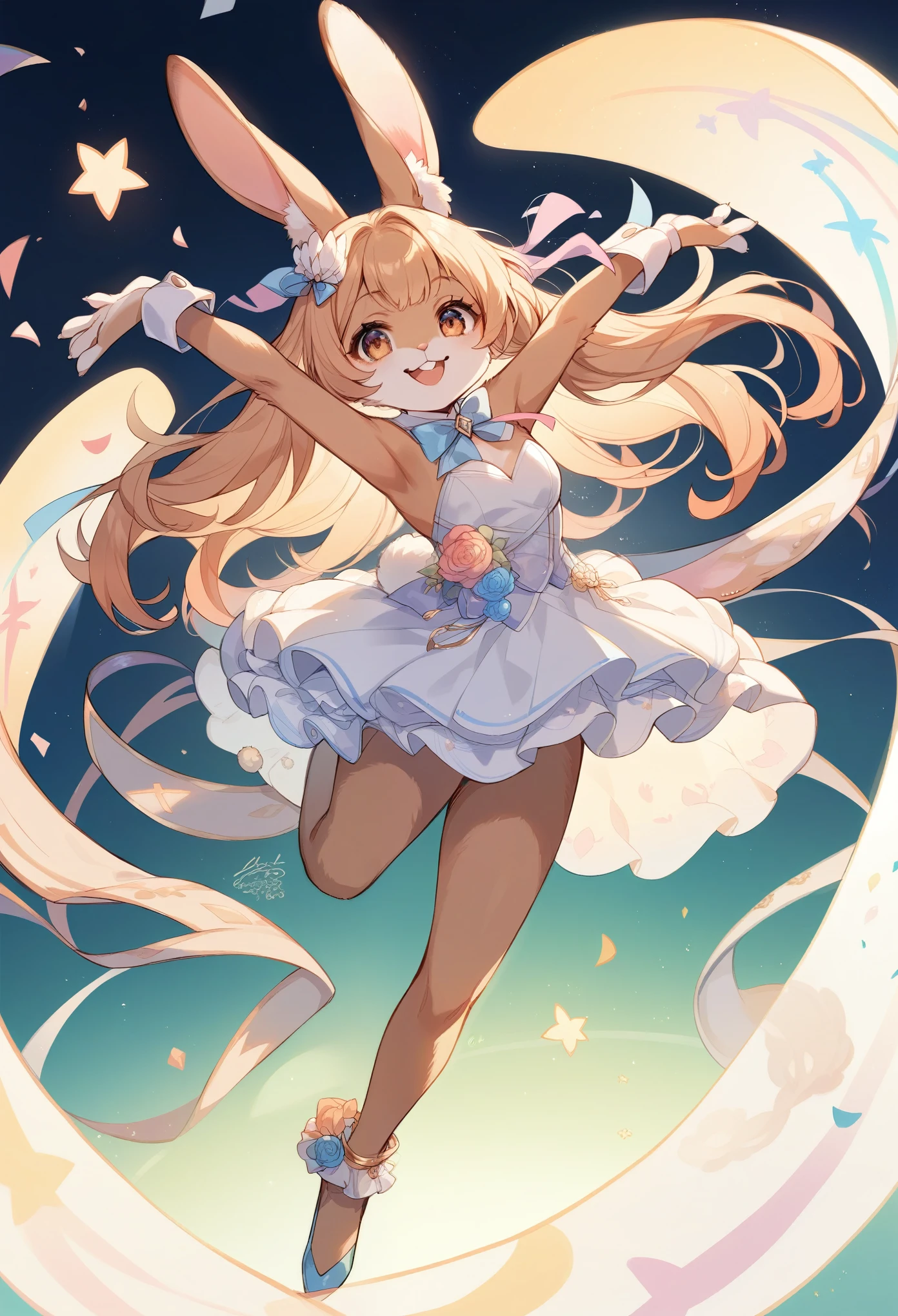 top quality, best quality, highres, masterpiece, absurdres, Perfect Anatomy(furry, angelic cute 1girl)(furry anthro, rabbit Facial Features, rabbit Body Features)(rabbit ears, Highly Detailed Body Fur)audition floor, dancing, flowing colorful ribbon, jumping, joyful smile, absurdres, volumetric lighting, good lighting, cinematic shadow,