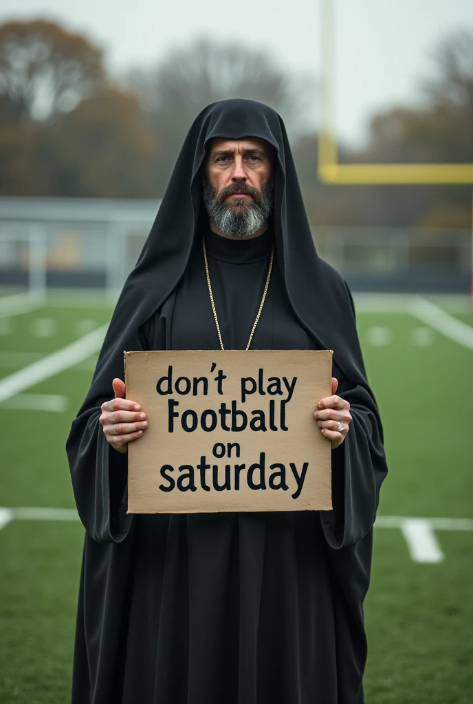 Create a picture of a religious person behind a football field with a sign and write on the sign: don’t play football on Saturday 
