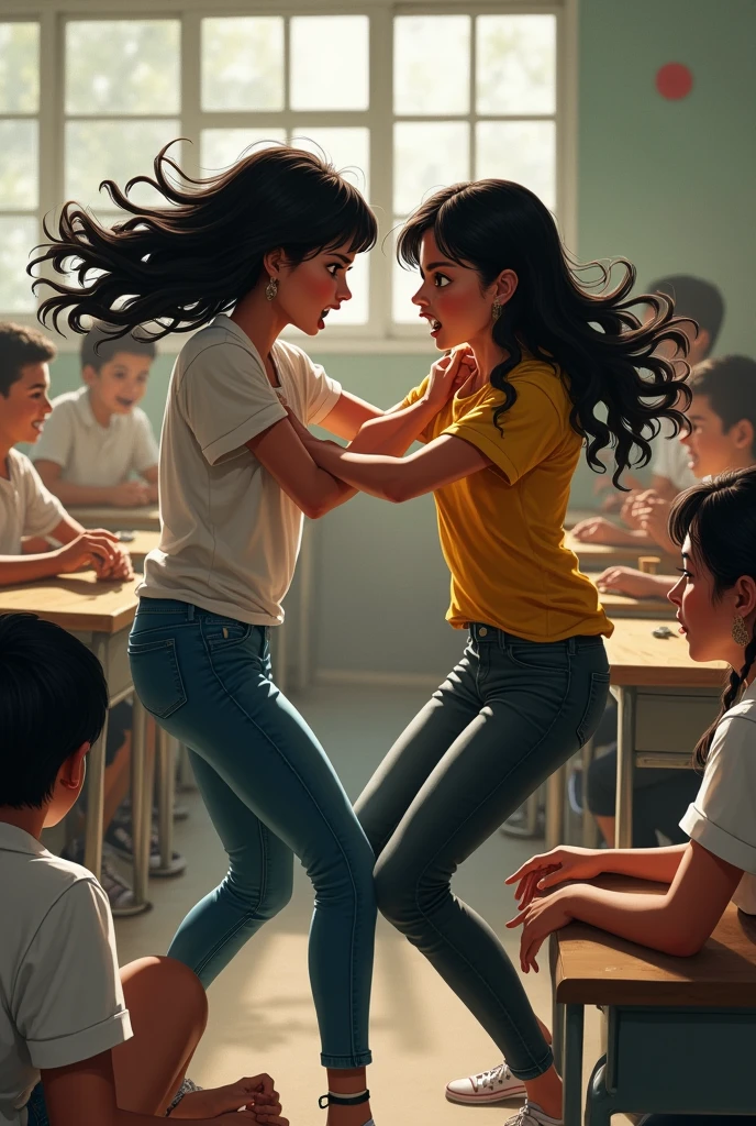 A fight between 2 Indian girls at school . In Pants. With anger in face. In school classroom. Other students cheering them