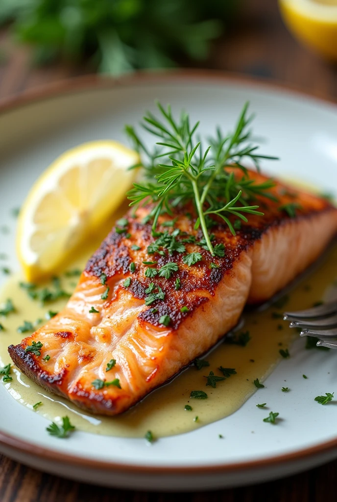 Photo of a plate with the following meal: Grilled Salmon with Herb Crust