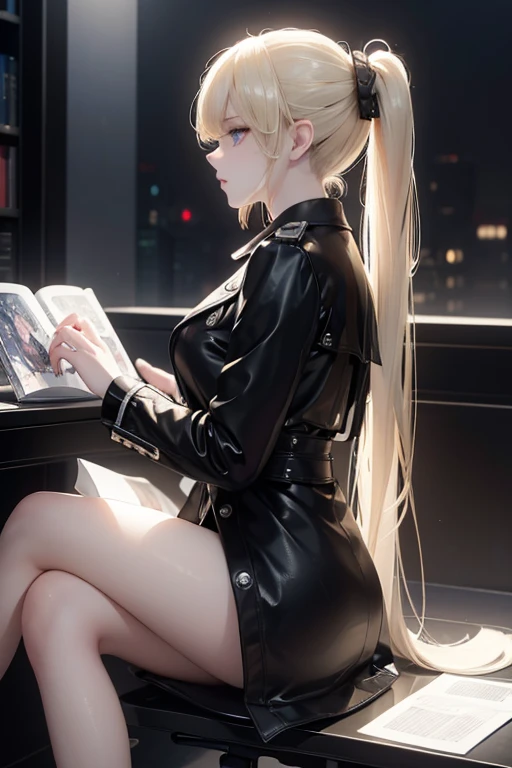 (masterpiece:1.2), Best Quality, (illustration:1.2), (ultra detailed), hyper details, (delicate detailed), (intricate details), (cinematic light, Best Quality Backlights), Delete line, soloist, perfect body, (1 girl), against a plain backdrop, sitting in an office chair, side profile, ((anime graphic novel style)) full body, character design, beautifull blonde woman, long hair, ponytail, bangs , 3, with black trench coat, big eyes, gloomy and eerie, volumetric light, (make up), high contrast, (better lighting, an extremely created and beautiful), (cinematic light), showy,