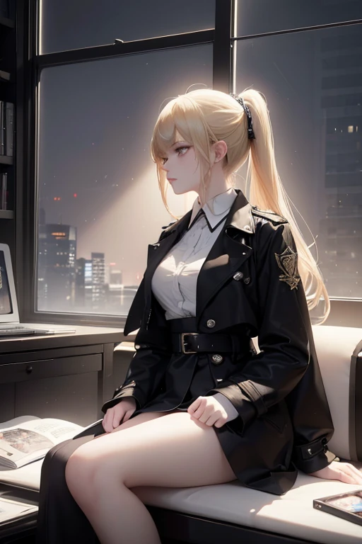 (masterpiece:1.2), Best Quality, (illustration:1.2), (ultra detailed), hyper details, (delicate detailed), (intricate details), (cinematic light, Best Quality Backlights), Delete line, soloist, perfect body, (1 girl), against a plain backdrop, sitting in an office chair, side profile, ((anime graphic novel style)) full body, character design, beautifull blonde woman, long hair, ponytail, bangs , 3, with black trench coat, big eyes, gloomy and eerie, volumetric light, (make up), high contrast, (better lighting, an extremely created and beautiful), (cinematic light), showy,