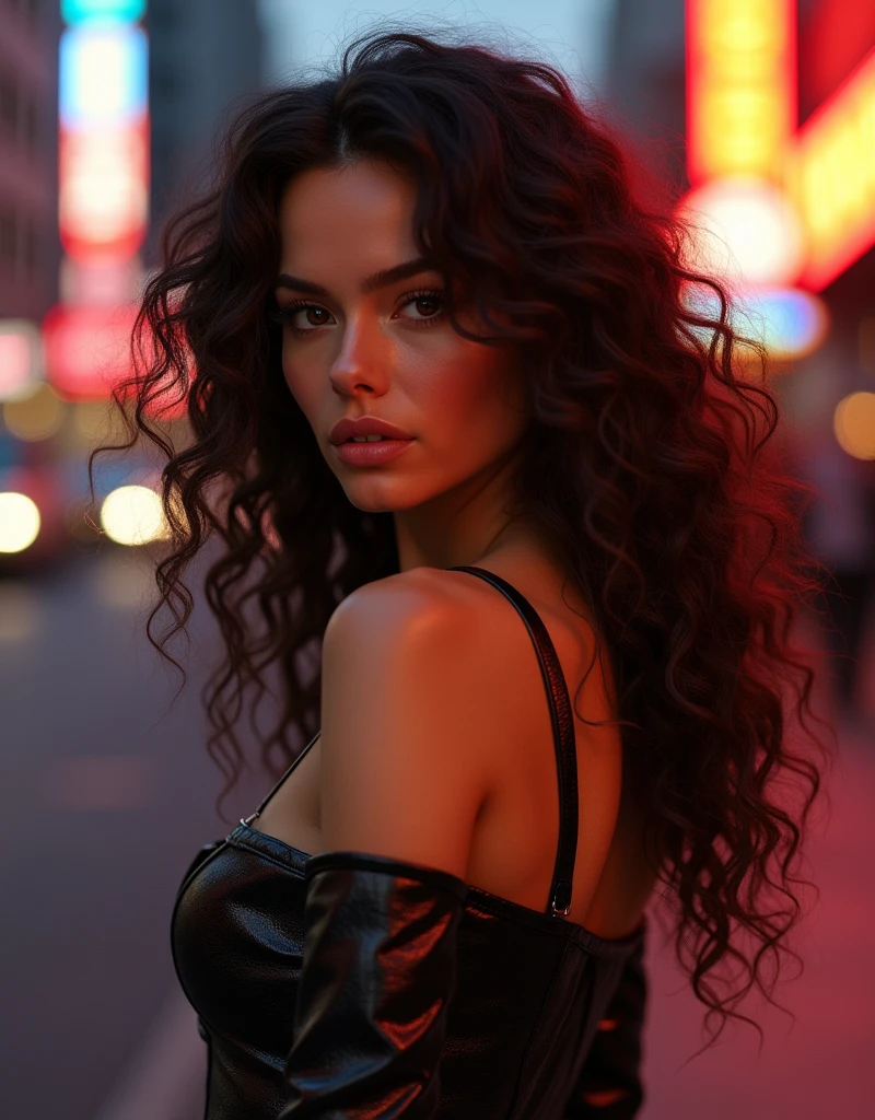 photorealistic Realism 8K, 16K Quality, (ultra absurd quality, extremely detailed detail, hyper resolution, clear sharp focus, not blurry, Realistic brown_eyes:1.35), (perfect dark_eyeshadows), (super Detailed, beautiful little nose), (perfect composition), Depth of field, cinematic light, Lens flare, (extremely beautiful face, beautiful lips , Beautiful eyes), Intricate detail face, best high quality real texture skin:1.3, A woman with velvety skin:1.33),perfect dynamic composition,beauty(mixed girl),(jessica alba:0.25),(Ariana Grande:0.8) in of a (1girl:1.3 22-year-old), (Fujicolor,daytime soft lighting)fashion supermodel, (best high quality real texture skin), (Highly quality texture hair)), (short curly hair((slicked to the two side), Intricately detailed:1.35)), (perfect proportions), (anatomically correct), (perfect female body), firm normal full breasts,slim face,beautiful cheekbones, (Super beautiful face)(realistic face), BREAK, lips(red_lipstick), (pink_makeup), Wear an off-the-shoulder top,full bodyesbian, ((Intricately detailed pleated modest leather BDSM costume)), dynamic pose, ((shot above the knee))), look at the viewer, (Erotic), (city), (neon sign), walking, On the street