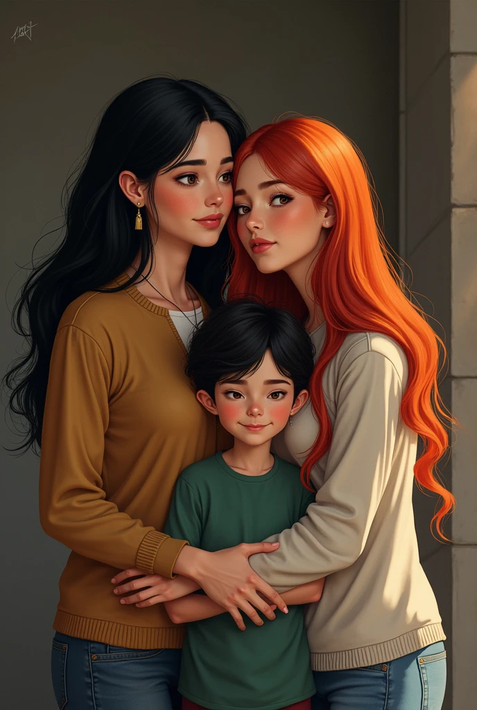 Taller black hair mature women wearing t-shirt holding hand with long red hair mature women with big breast wearing single with her two sons Besides them