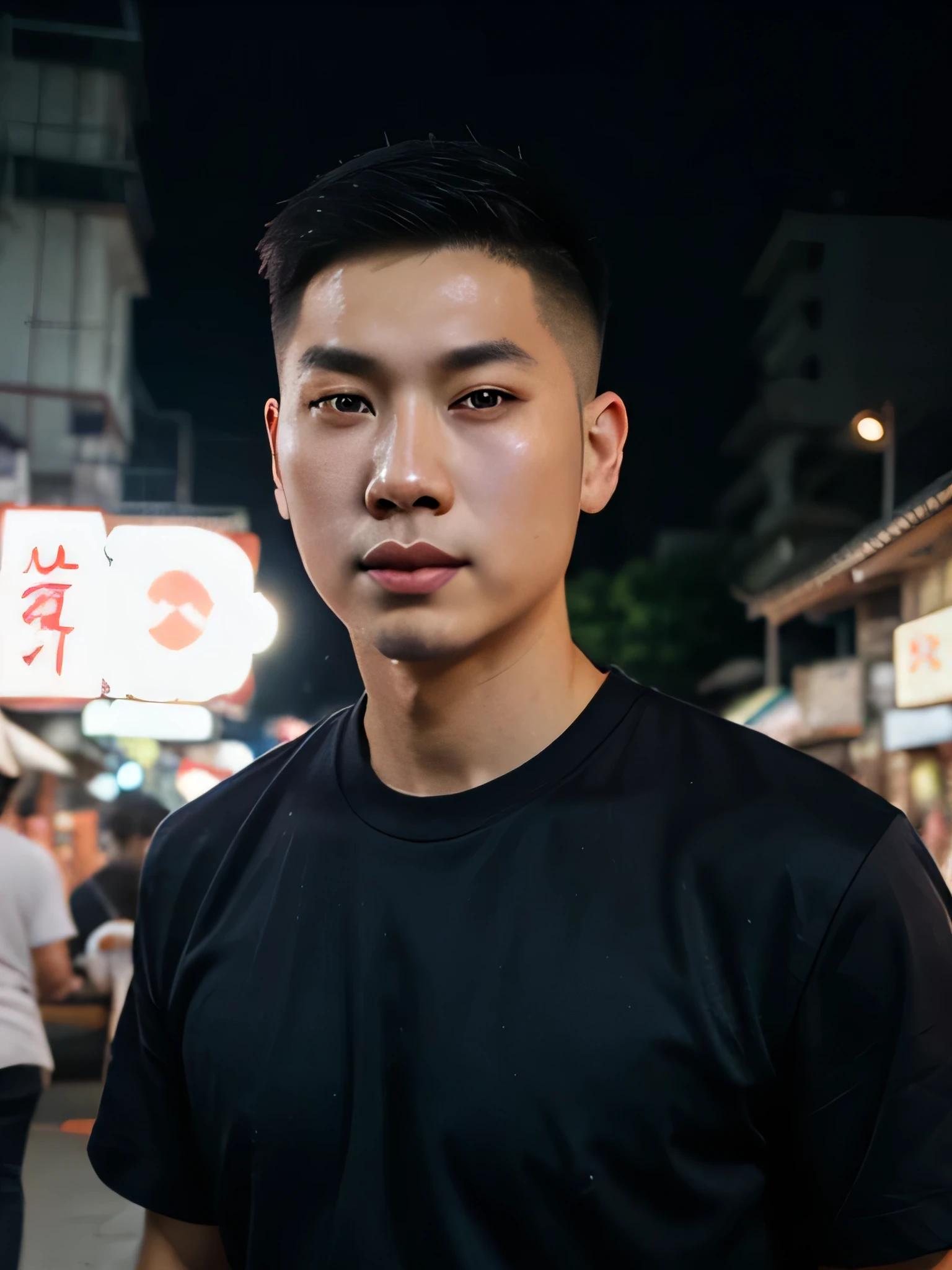 Chinese man, 2, handsome masculine face , big eyes, high nose, smooth white skin, pink lips, black undercut hair wearing navy tshirt, fujian night market , natural light, night 