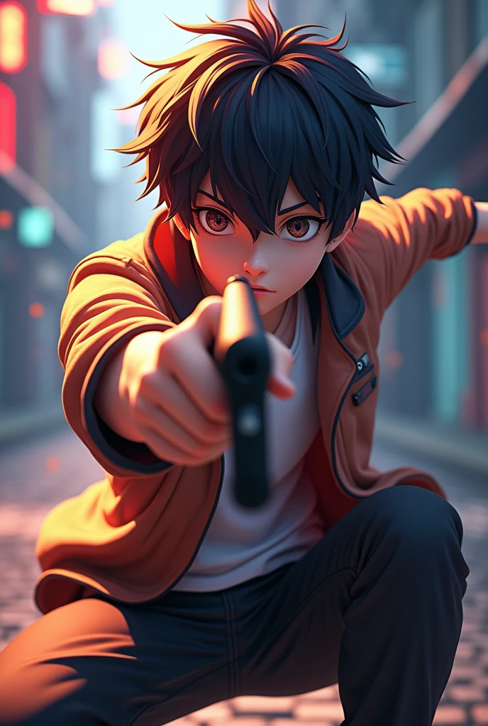 3D style anime boy aiming with a gun