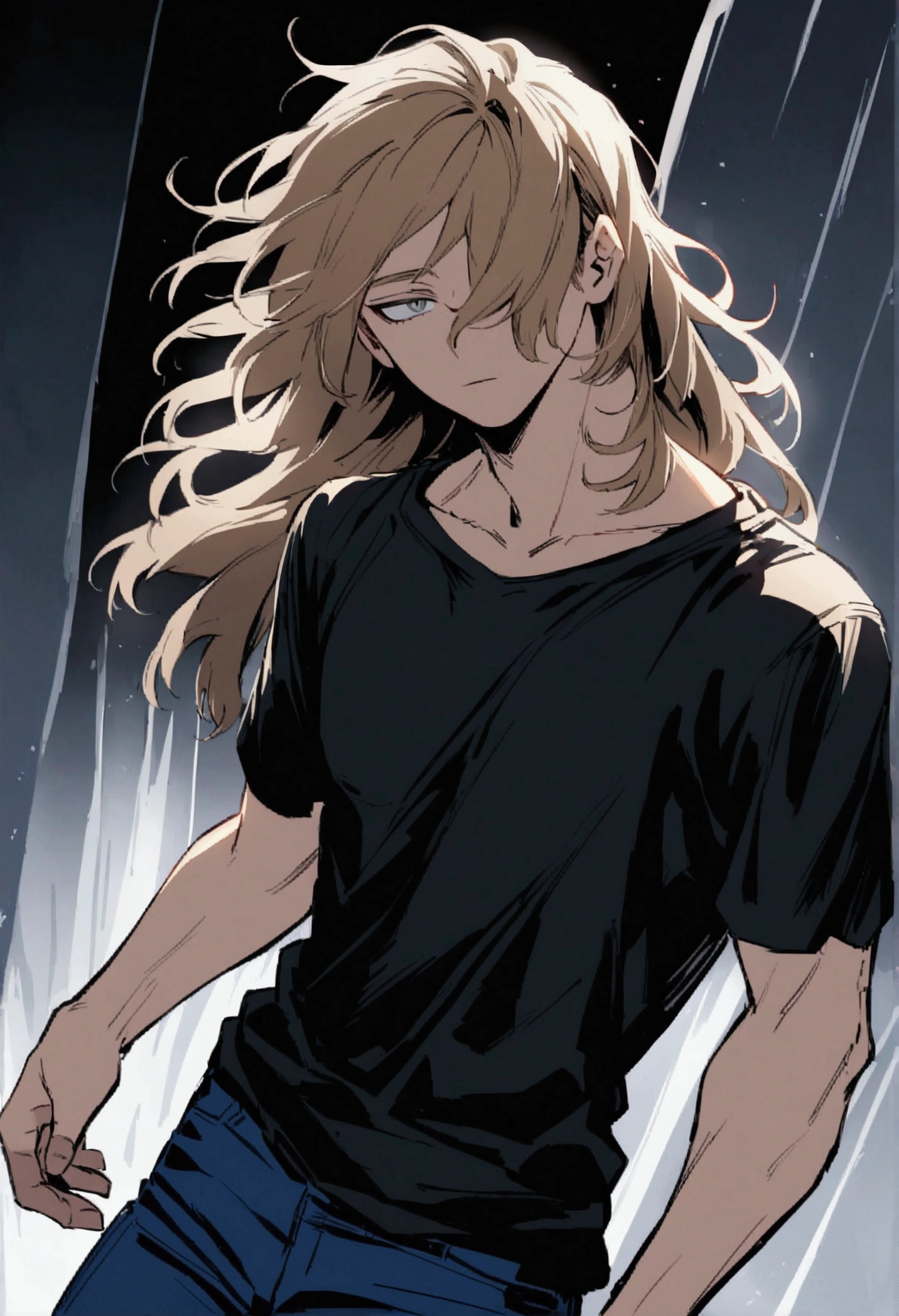 Create a character in boku no hero academia style, male, has grey eyes and a bit long light brown hair down covering his left eye, wearing black t-shirt and blue jeans
