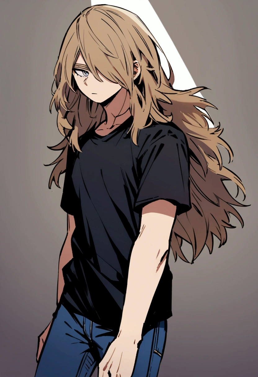 Create a character in boku no hero academia style, male, has grey eyes and a bit long light brown hair down covering his left eye, wearing black t-shirt and blue jeans