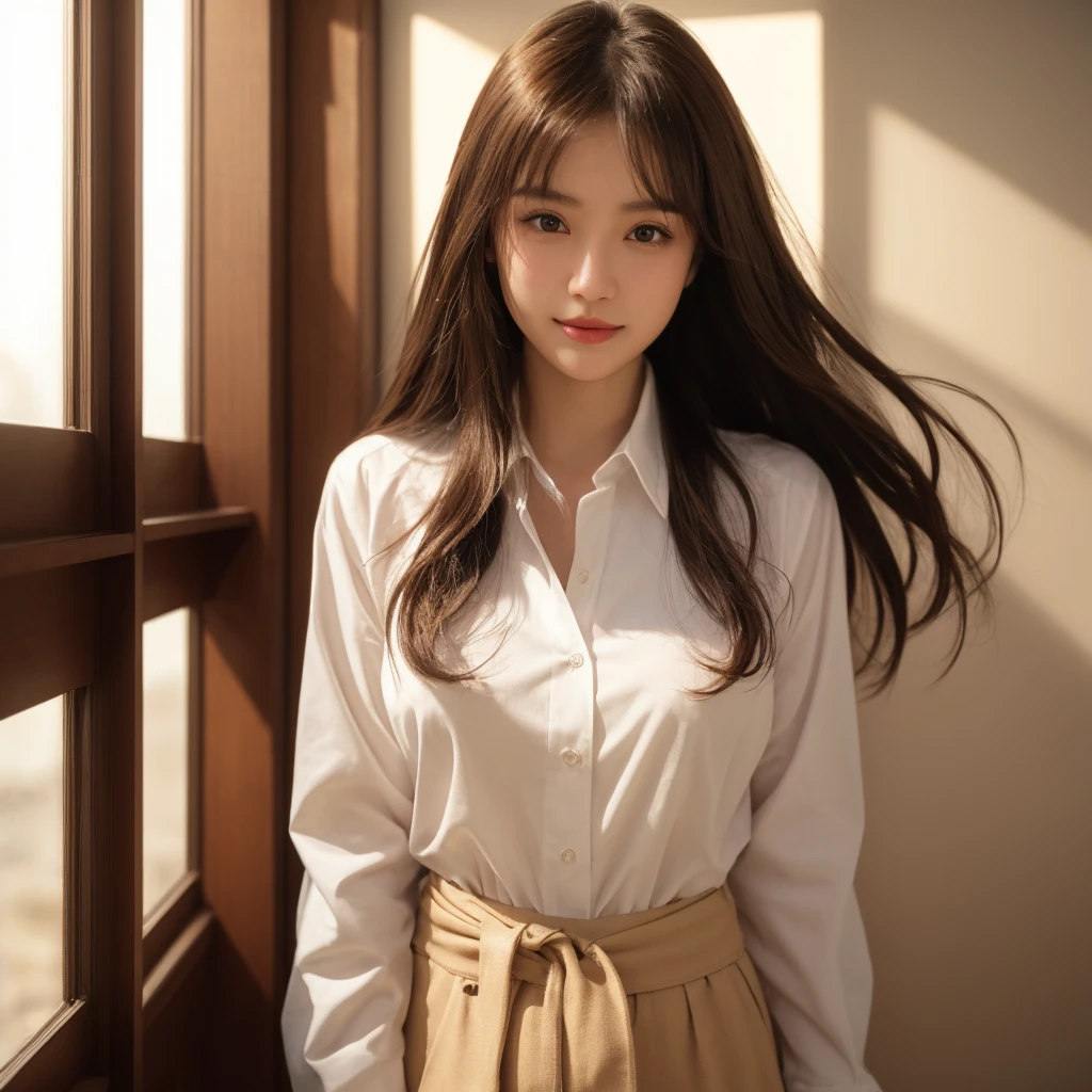 1girl, woman, masterpiece, best quality, highest quality, cinematic lighting, (volumetric lighting), extremely detailed CG unity 8k wallpaper, focused, 8k wallpaper, extremely detailed, ultra realistic, photorealistic, sharp focus, absurdres, (HDR:1.2), (high contrast), photograph, detailed and intricate, instagram, portrait, highly detailed, digital painting, artstation, concept art, smooth, sharp focus, illustration, cinematic lightinglook, (whole body:1.2), white collar shirt, open shirt, open the button, show thigh, mini skirt, (full body), looking at the viewer, (long hair)